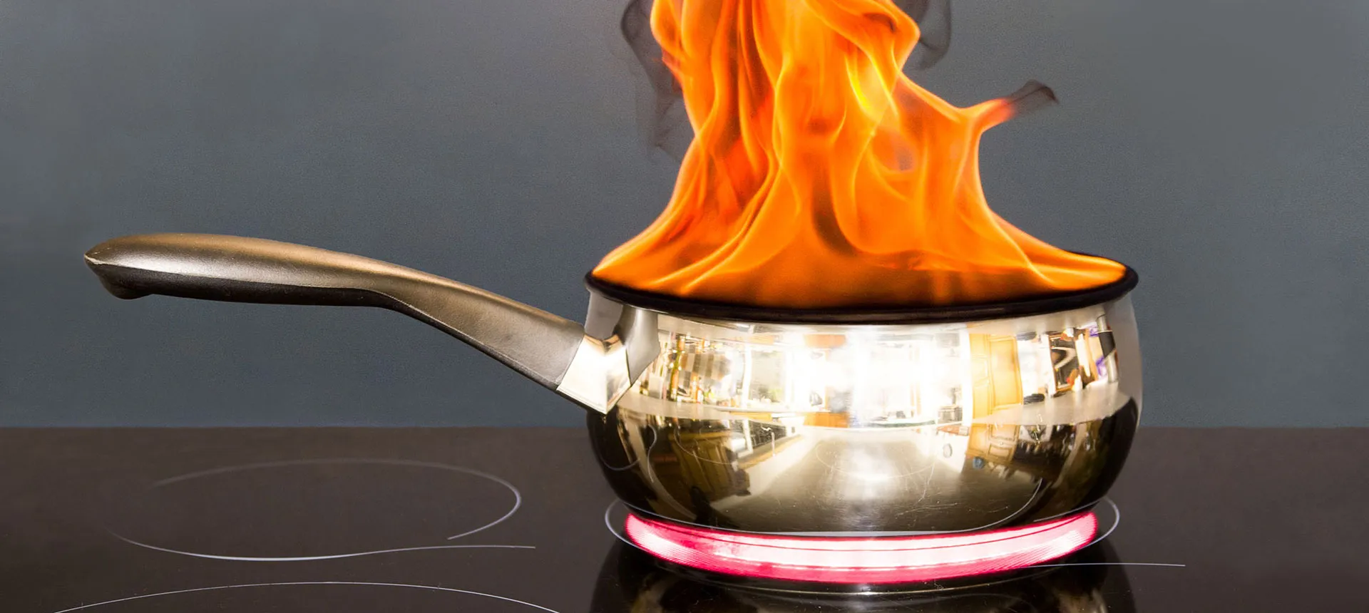 pan on hob with fire in the pan